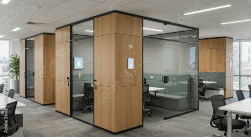 Modern office featuring glass-walled private work pods, integrated tech, and light wood paneling