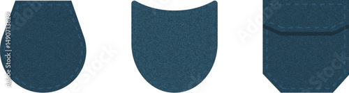 Denim patch pocket. Set of blue denim bag vector icons. Uniform casual style jeans pockets patches.