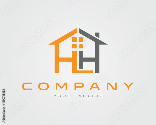 Letter HH Real estate company logo design orange and gray house building vector template identity for business
