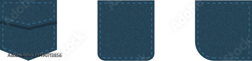 Denim patch pocket. Set of blue denim bag vector icons. Uniform casual style jeans pockets patches.