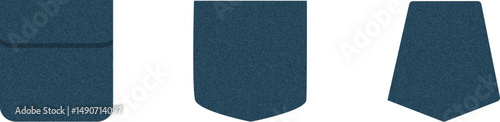 Denim patch pocket. Set of blue denim bag vector icons. Uniform casual style jeans pockets patches.