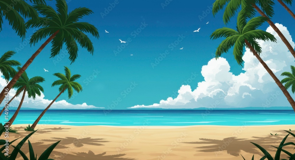 Obraz premium Idyllic beach scene with palm trees, vibrant blue ocean, and fluffy white clouds under a sunny sky