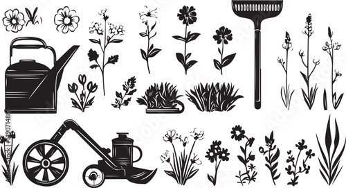 Gardening Tools and Flowers Black Silhouettes Collection for Design