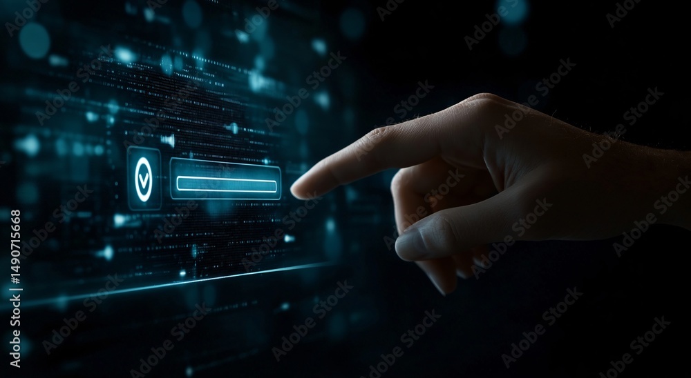 Fototapeta premium Digital interaction experience user engaging with search functionality in a futuristic interface virtual environment close-up perspective user-centric concept
