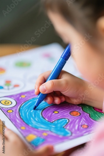 Young child carefully coloring a picture with a bright blue marker close up