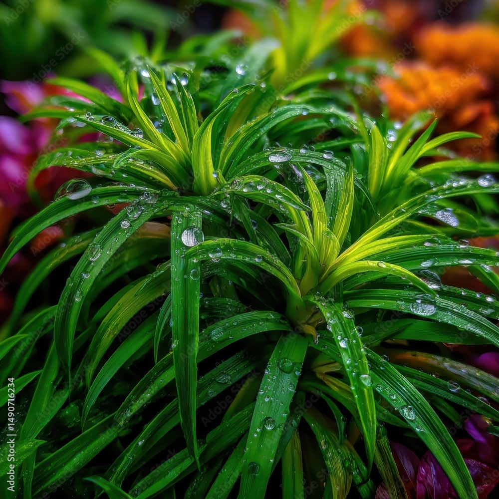 Fototapeta premium Lush green plants with water droplets nature close-up vibrant environment macro photography freshness concept