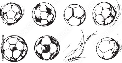 Hand Drawn Soccer Balls in Motion Collection Black and White Illustration