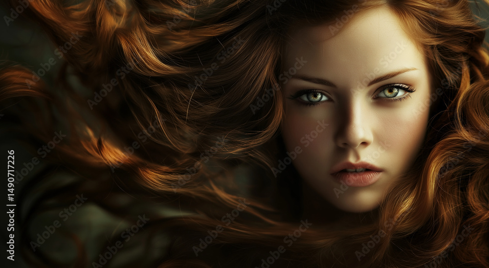 Obraz premium Cachos cativantes: Uma linda mulher com longos e soltos cachos castanhos olha para a câmera com uma intensidade cativante.