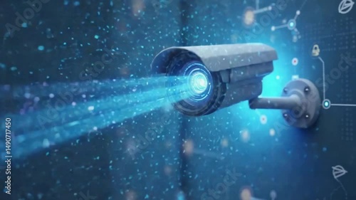 Futuristic security CCTV camera with Motion sensor. Scan the area for surveillance purposes. Animation seamless loop. Technology and innovation concept, 3D Render.