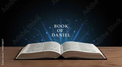 Open book on wooden surface, glowing  