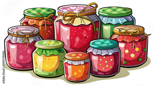 Set of glass jars with jam isolated on white background.