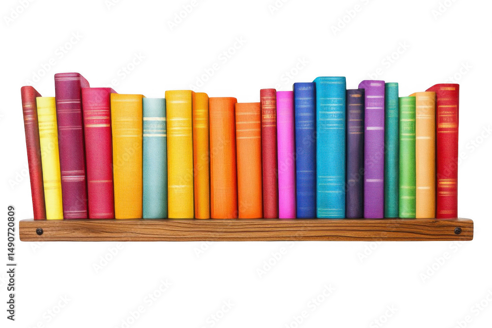 Naklejka premium Shelf books with colorful spines on wood and knowledge theme