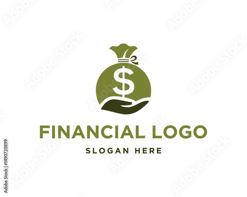 Financial logo design green money bag above hand vector template for banking and investment industries