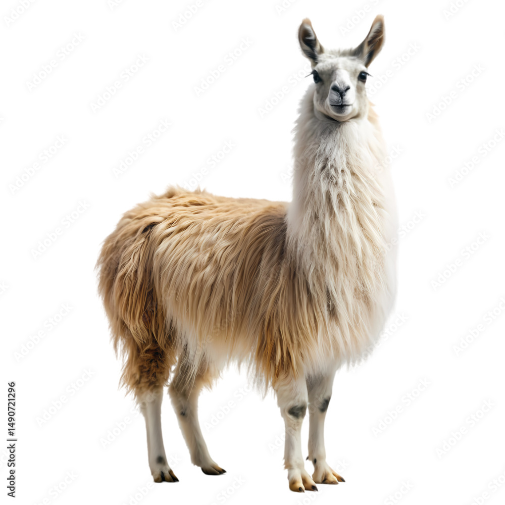 Fototapeta premium Adorable Llama Standing Against Black Background isolated on transparent background