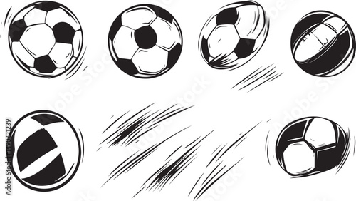 Collection of Black and White Hand Drawn Soccer Balls and a Volleyball in Motion with Speed Lines