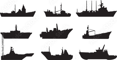 Collection of Nine Black Silhouettes of Various Ships and Boats