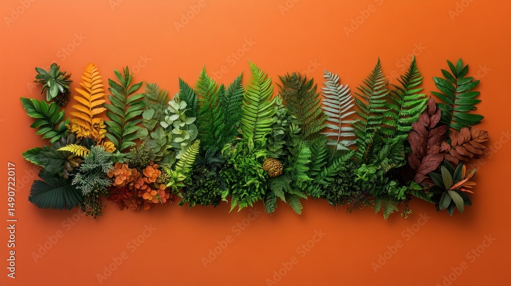 Vibrant foliage arrangement in a spectrum of greens and browns on an orange backdrop Vibrant foliage arrangement in a spectrum of greens and browns on an orange backdrop