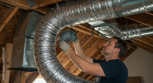HVAC Technician installing ductwork in attic