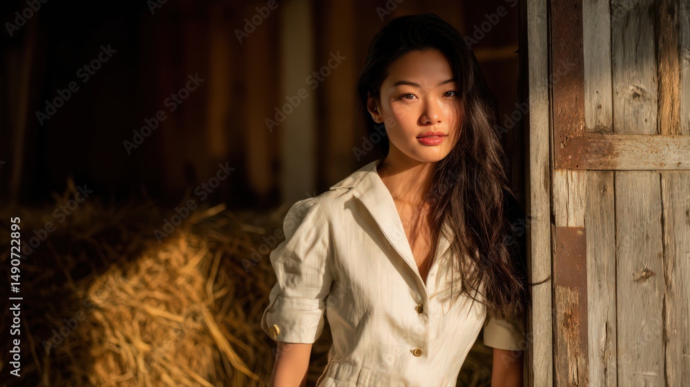 Fototapeta premium Half Body Portrait of an Asian Woman in Farm Style Linen Outfit Surrounded by Hay in Natural Light