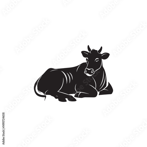 A Cow lying down vector silhouette in black. Funny happy cartoon black and white dairy cow isolated on a white background, perfect for farm animal illustration