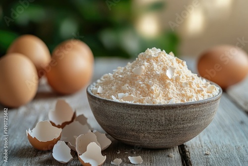 A gray bowl filled with pale-yellow eggshell powder sits on a rustic wooden surface, next to several whole eggs and scattered eggshells, against a blurred green backdrop