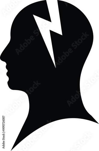 Headache icon. a silhouette of a man's head with a lightning bolt coming out of it. Nervous tension. Aggression. Occupational stress. Negative space. Vector isolated illustration
