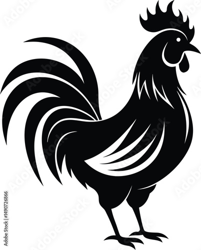 Rooster silhouette, Silhouette art illustration of a rooster with raised head and flared tail feathers