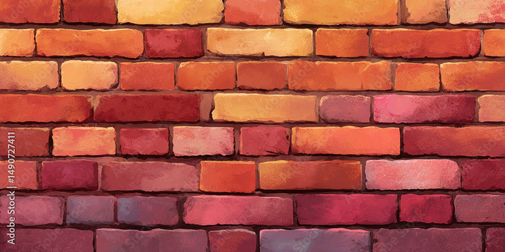 Obraz premium Vibrant red and orange brick wall showcasing texture and color variations in a warm urban setting