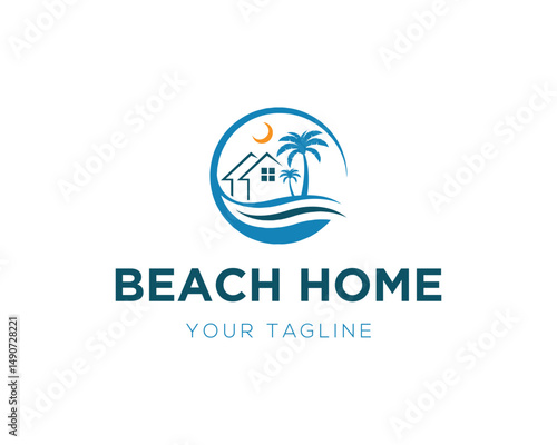 Beach house vector logo design template with palm trees waves and sun graphic illustration