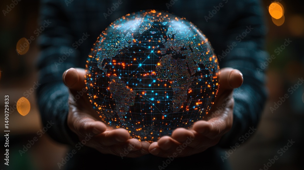 Fototapeta premium Global Network in Hands, Digital World