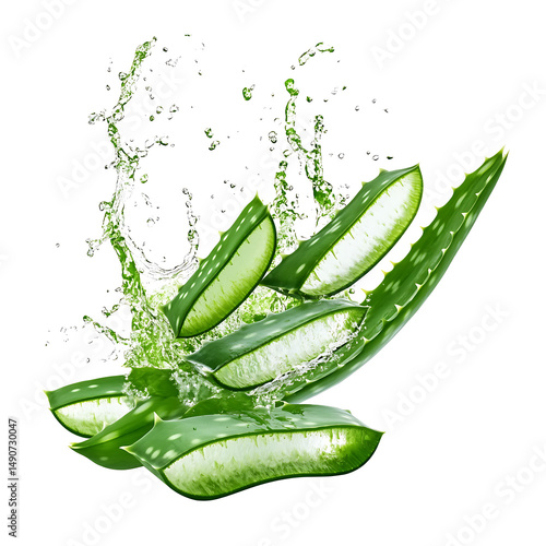 Sliced aloe vera with water splashes isolated on transparent background png cutout