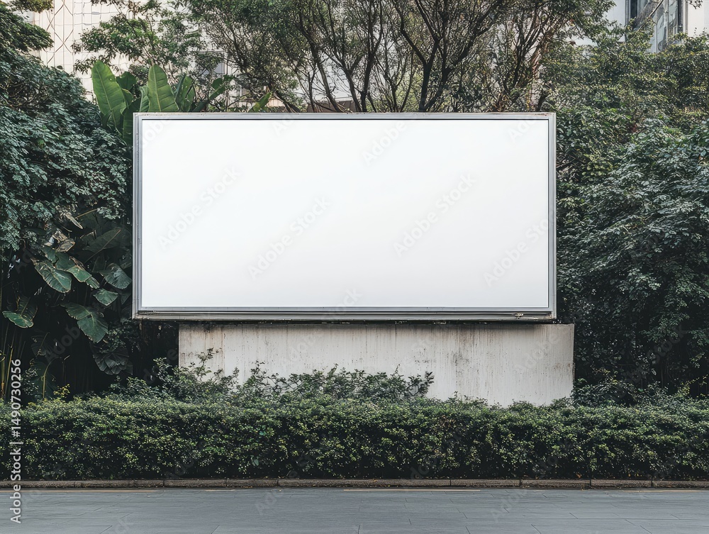 A large blank billboard stands amidst lush greenery, mounted on a concrete base, beside a paved walkway. The billboard is rectangular and white, offering a clean, empty canvas for advertisement A large blank billboard stands amidst lush greenery, mounted on a concrete base, beside a paved walkway. The billboard is rectangular and white, offering a clean, empty canvas for advertisement