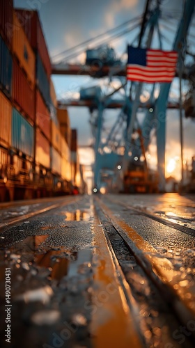 Busy shipping yard at sunset featuring American flag, celebrating Independence Day and embracing national pride