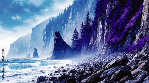 Majestic Stunning Coastal Landscape Vector Illustration Featuring Misty Rocky Shore Surging Blue Waves Cliffs Evergreen Forest and Purple Flowers Scenic Nature View