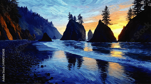 Picturesque Vector Illustration of Stunning Coastal Sunset Landscape with Majestic Sea Stacks, Reflective Ocean Waves and Dense Evergreen Forest in a Scenic Tranquil Cove