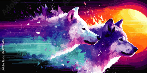 Stunning Vector Illustration of Two Majestic Wolves Under Vibrant Abstract Sunset with Colorful Digital Art Effect for Inspiring Wild Animal and Nature Themes Design