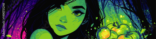 Stunning digital vector art of fantasy woman portrait with vibrant neon colors surrounded by enchanted magical forest background mystical glowing apples and leaves