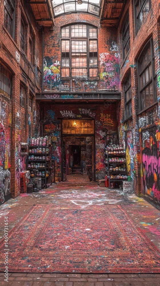 Fototapeta premium Urban alleyway, graffiti-covered walls, colorful carpet, vintage industrial space