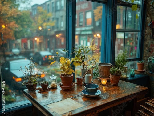 Cozy window seat cafe with plants
