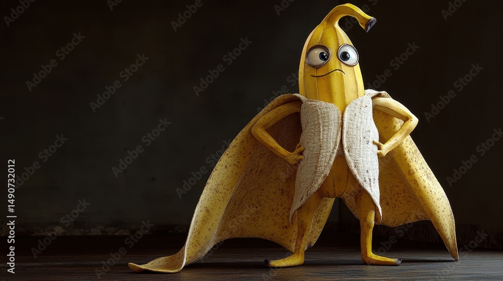 Fototapeta premium Banana superhero proudly stands with cape-like peel, ready for adventure in a vibrant and whimsical world