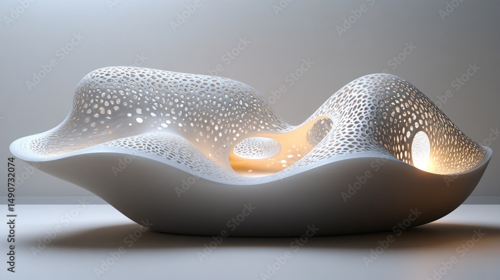 Fototapeta premium Abstract, organic, white sculptural form, illuminated interior