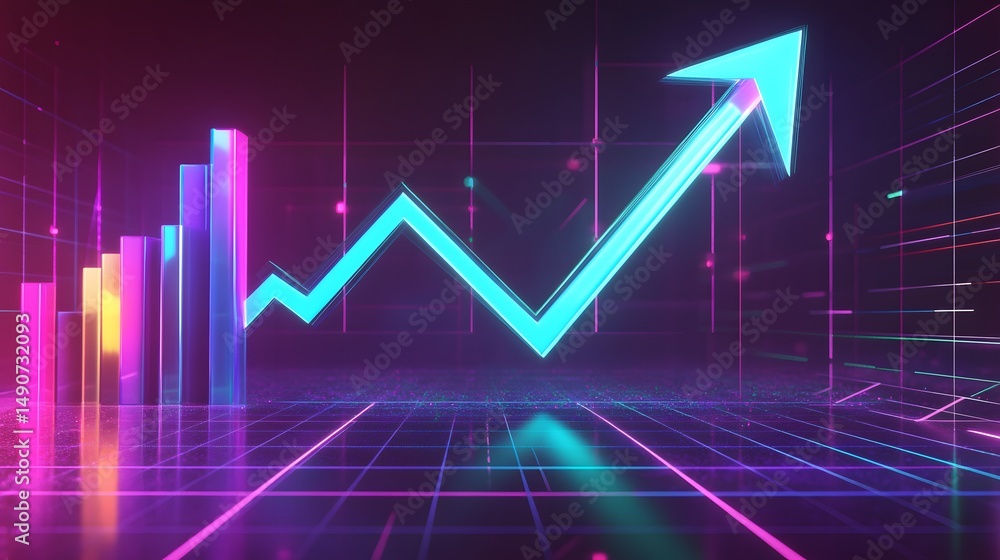 Naklejka premium Colorful Digital Graph with Upward Trend and Neon Effects