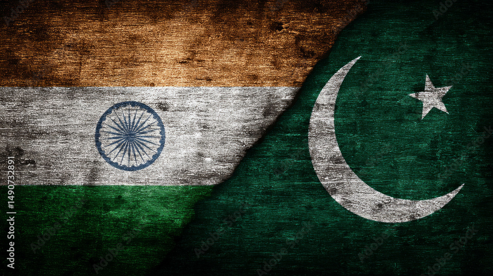 Fototapeta premium The flag of India and Pakistan are displayed on a wall