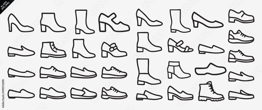 Fototapeta premium illustrated shoe collection in black outline style on white background 