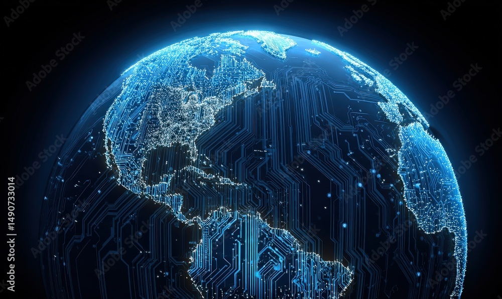 digitization process , glowing Earth with digital circuit lines, symbolizing global technology and connectivity. digitization process , glowing Earth with digital circuit lines, symbolizing global technology and connectivity.