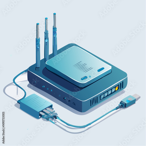 Isometric Illustration of a Blue Wireless Router with Antennas and USB Port