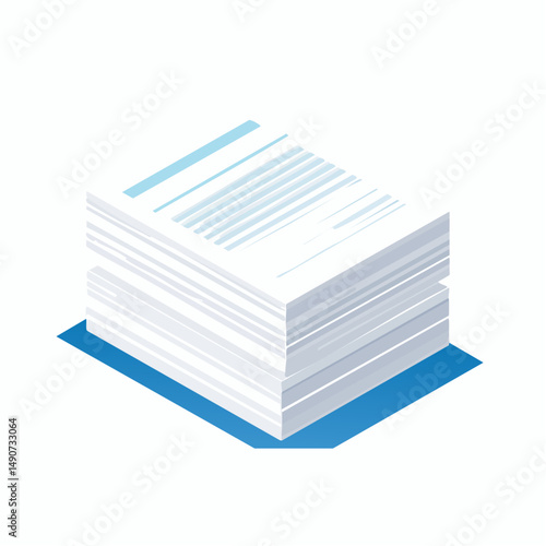 Isometric Illustration of a Large Stack of White Papers on a Blue Surface