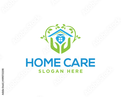 Home care vector template featuring hands house heart and leaves for logo design and branding