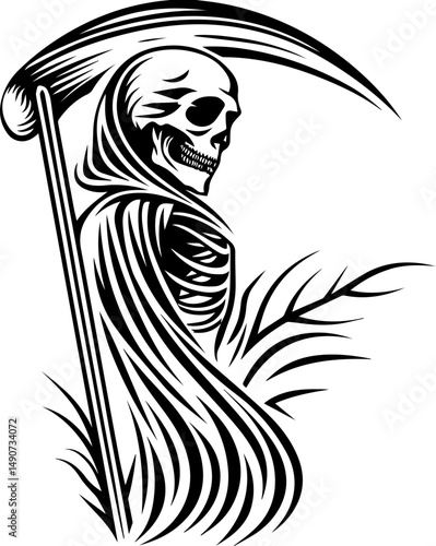 SVG A flaming skull tattoo in dark art style with skeleton elements. Grim Reaper Illustration with Scythe and Flowing Hair in Black Art