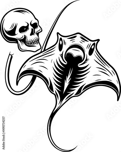 SVG A flaming skull tattoo in dark art style with skeleton elements. Skull and Ray Illustration in Black and White for Tattoo Designs